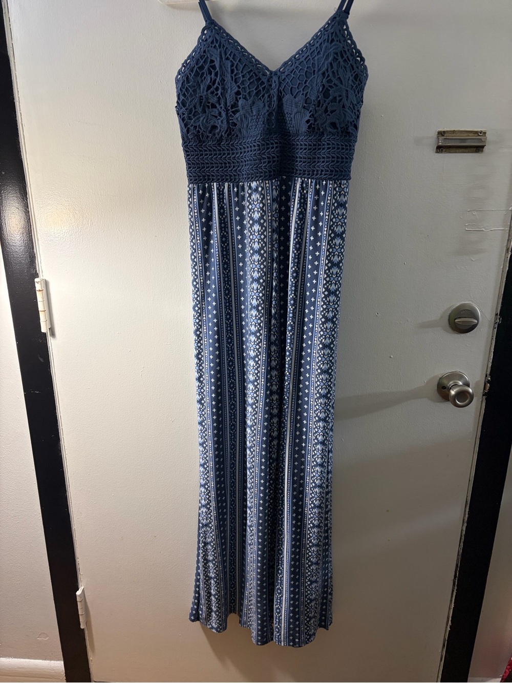 Derek Heart Navy Crochet Bodice Striped Maxi Skirt
